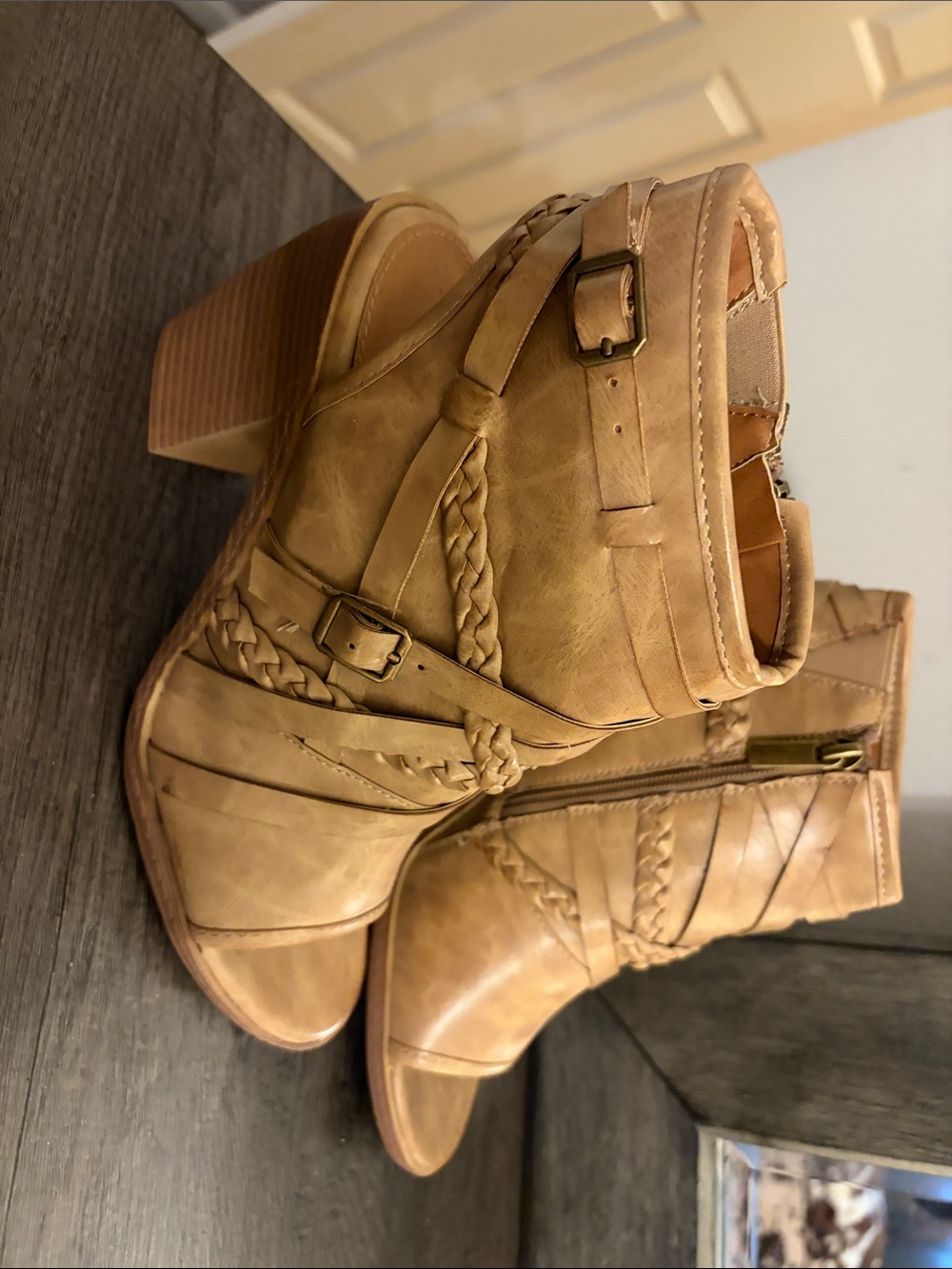 Braided Strap Tan Ankle Booties with Buckle Detail